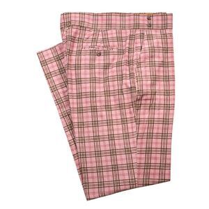 Mens Gurkha Pants 38 Pink Brown Plaid Corduroy Trousers Straight Fit Flat Front